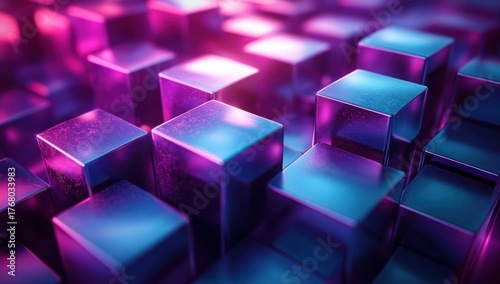Close-up view of glowing translucent cubes with purple and blue lighting creating a futuristic and abstract 3D pattern