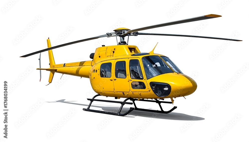 Fototapeta premium A bright yellow helicopter, isolated on white, casting a shadow