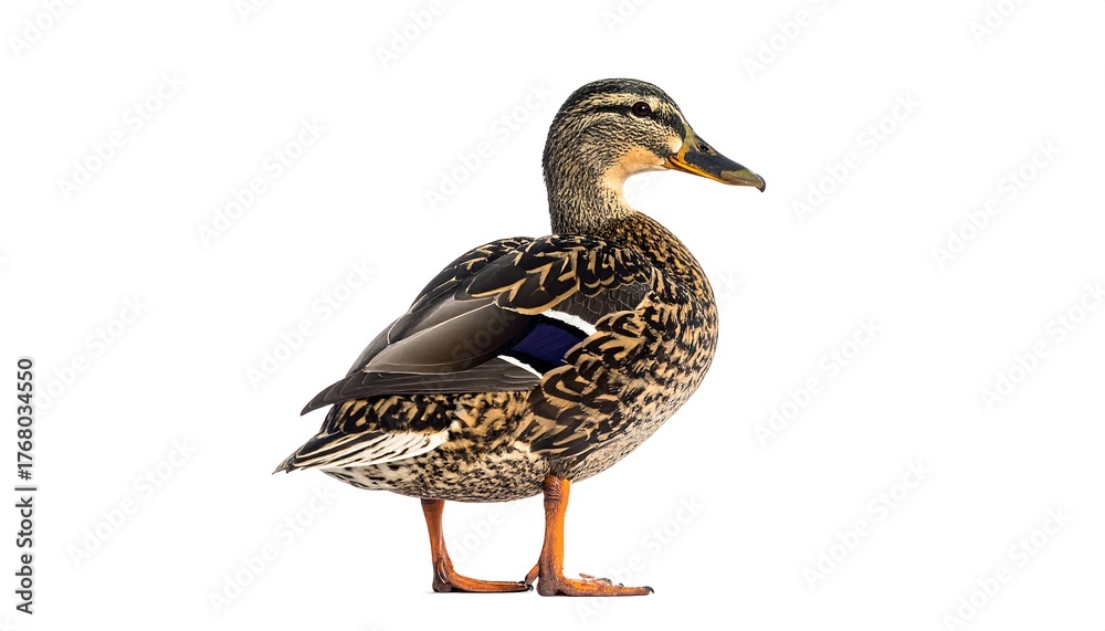 Obraz premium A brown and tan female duck in profile on a white background