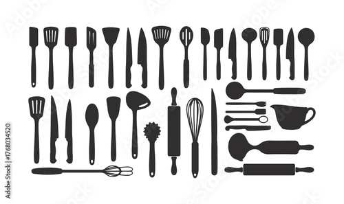 Kitchen utensils silhouette set vector icons for cooking and dining