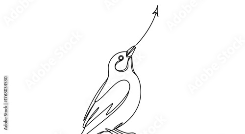 Elegant single line drawing of a bird sending an arrow upwards for conceptual art  minimalist and