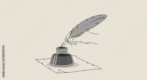 Elegant quill pen and inkwell illustration evoking nostalgia and historical writing traditions