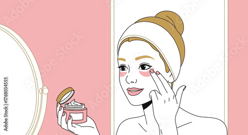 Elegant woman applying beauty cream to her face in a skincare routine illustration