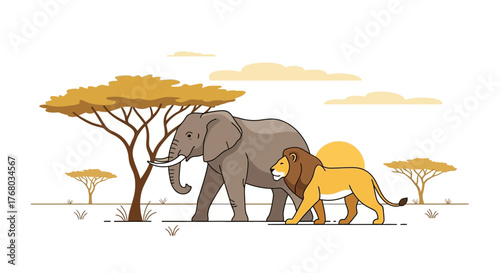 Elephant and lion strolling in the savannah, depicted in a cartoonish illustration style