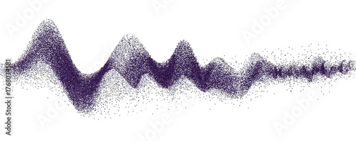An abstract purple wave made of particles, against a stark black background. Digital, motion, and ethereal