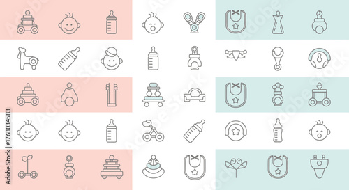 Minimalist baby care and toys icon set with pastel background creates calm aesthetic