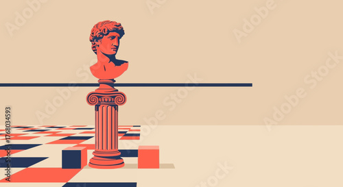 Minimalist depiction of a classical bust on a column with geometric elements design