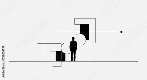 Minimalist architectural composition featuring a solitary figure against geometric forms