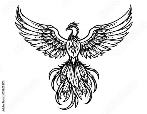 A detailed black and white drawing of a mythical bird with outspread wings