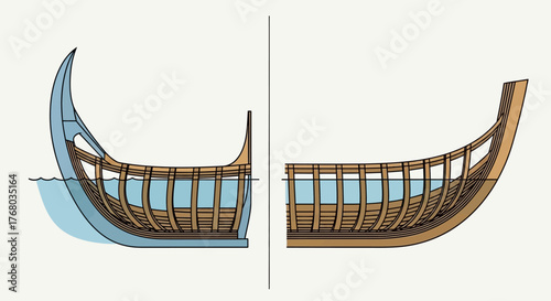 Ancient Wooden Ship Hull Construction Cross Sectional View.