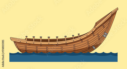Ancient Wooden Boat Illustration Floating on Water.