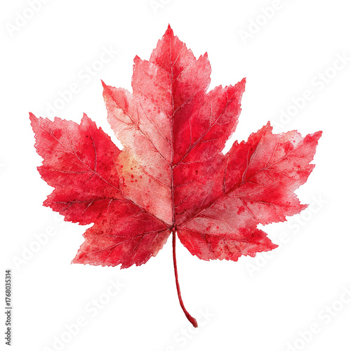 Watercolor maple leaf; vibrant reds and textured surface. Isolated on a black background
