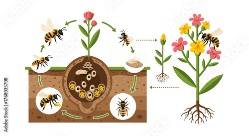 Bee life cycle and pollination process illustration.