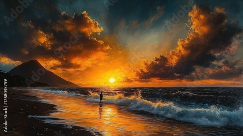 Fototapeta Naklejka Na Ścianę i Meble -  A solitary figure stands on a beach at sunset with vivid orange sky, dramatic clouds, crashing waves, and a mountain silhouette in the background