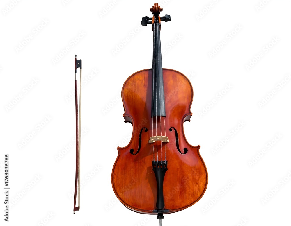 Fototapeta premium A detailed frontal view of a cello and its bow, isolated on white