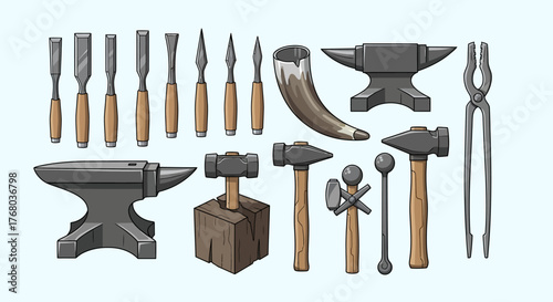 Collection of blacksmithing tools and equipment for metalworking.