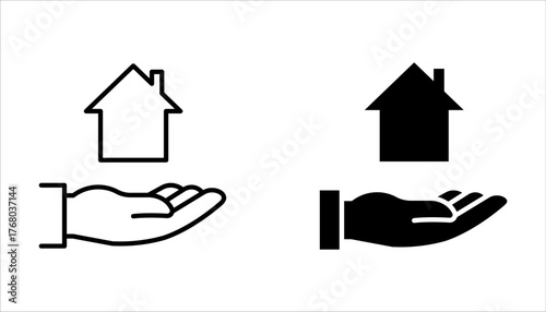 Real estate business icon set. Hand holds architectural structures. Building ownership on white background