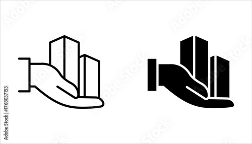 Real estate business icon set. Hand holds architectural structures. Building ownership on white background