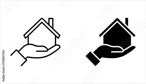 Real estate business icon set. Hand holds architectural structures. Building ownership on white background