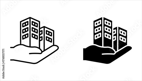 Real estate business icon set. Hand holds architectural structures. Building ownership on white background