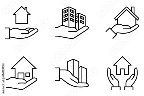 Real estate business icon set. Hand holds architectural structures. Building ownership on white background