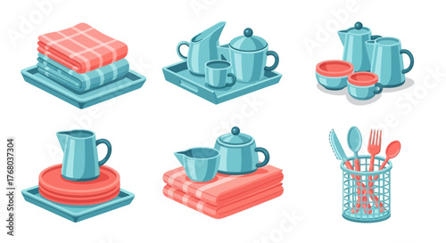 Collection of household items including dishes, towels, and kitchenware in various arrangements.