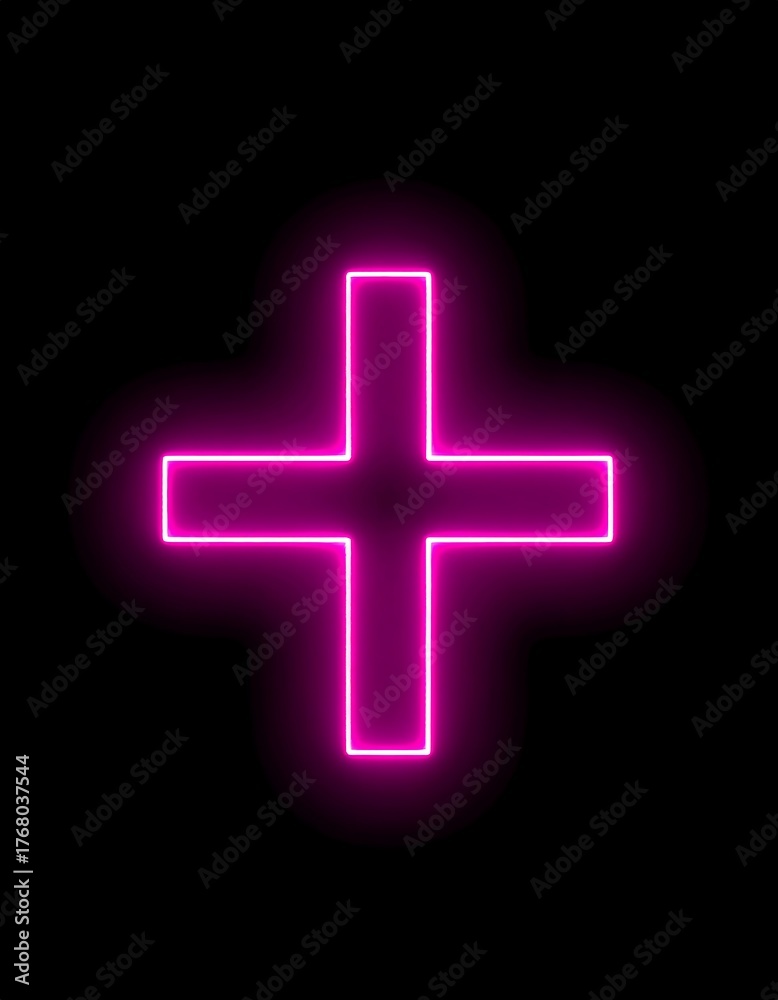 Obraz premium A glowing neon pink plus sign against a solid black background