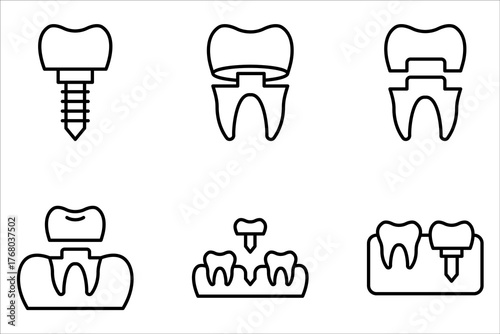 Dental implant icon set. Teeth health dentistry  on white background