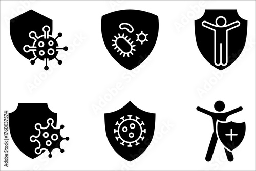 Antibacterial protection or immune system icon set. Health bacteria virus protection. bacteria attack with shield on white background