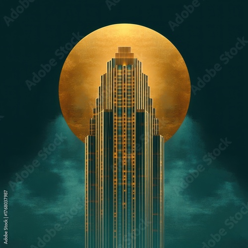 Tall art deco skyscraper bathed in golden light with large glowing orb behind against dark cloudy sky creating mysterious atmosphere