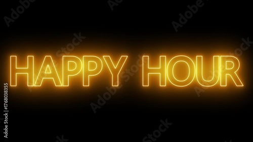 Animated glowing flickering neon inscription happy hour. Happy hour neon sign.