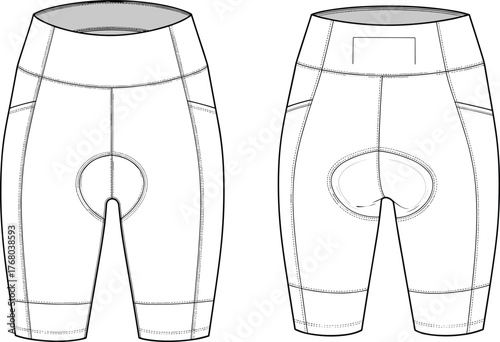 Cycling shorts technical sketch, front and back view, ergonomic panel design, padded chamois, sportswear illustration, fashion flat, garment template