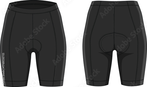 Black cycling shorts, front and back view, padded seat, anatomical stitching, athletic wear, sports apparel, comfort fit, leg grippers, performance gear
