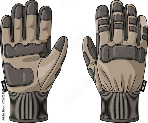 Front and back view of tactical protective gloves, durable military style handwear, vector illustration for outdoor, combat, and industrial safety use