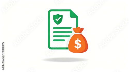 Vector of list document application with shield with check mark and money bag. Symbol of claim. Icon of filing financial