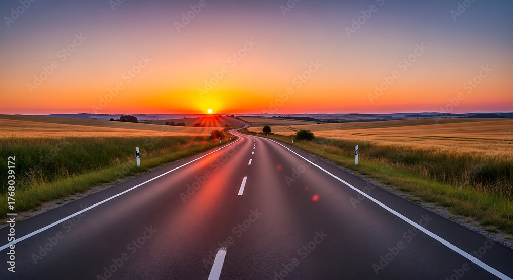 Fototapeta premium Road leading to the sunset over a field.