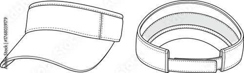 Visor cap technical flat sketch, vector illustration mockup, side and back view, isolated sport headwear template, adjustable strap.