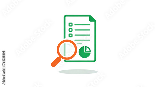 Vector of financial list with diagram and magnifier. Symbol of ETF index analysis. Icon of financial market analytics