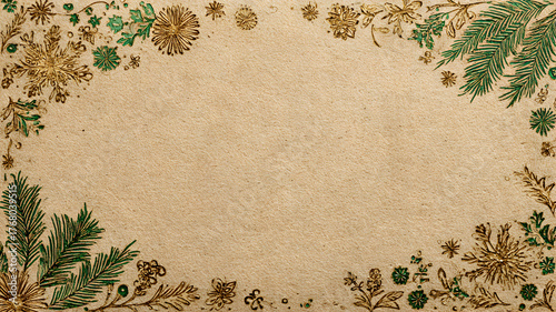 un diseño de fondo con textura de papel kraft con espacio de copia con un marco alrededor de ramas de pino y decoraciones navideñas sencillas para tarjeta de navidad 