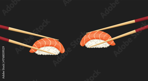 Two delicious pieces of fresh salmon nigiri sushi, a traditional Japanese delicacy, delicately held by wooden chopsticks against a dark, minimalist background.