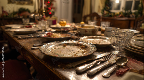 platos sucios y trastes sucios sobre la mesa de comedor despues de la cena navideña o convivencia familiar en navidad 