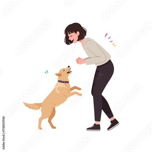 vector of a woman playing with her beloved dog