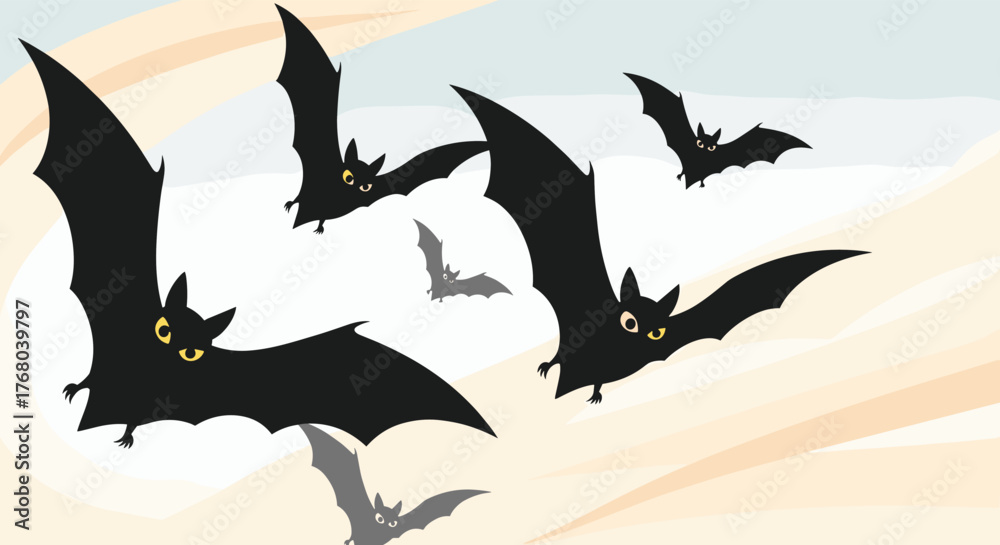 Obraz premium A cartoon-style illustration depicts a group of black bats with glowing yellow eyes flying through a light-colored sky, suggesting a nocturnal scene.