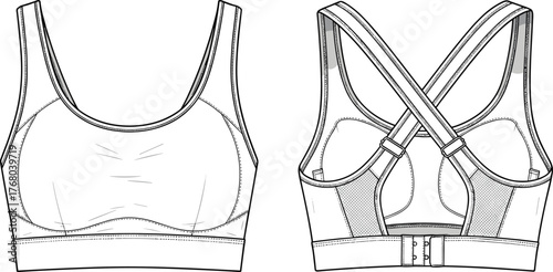 Technical sports bra sketch, front and back view, racerback design, contour seams, mesh panels, adjustable closure, athletic wear illustration, fashion template