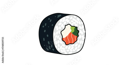 A simple graphic illustration of a single maki sushi roll showing salmon, white rice, dark nori, and green and white fillings on a white background.