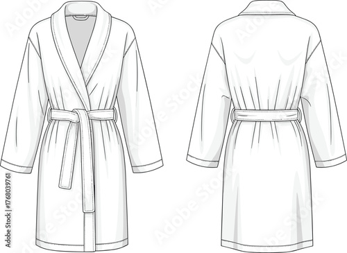 Bathrobe technical sketch, front and back view, shawl collar robe, fashion illustration, garment design, apparel template, belt detail, stitching lines