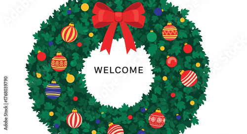 A festive Christmas wreath, richly decorated with colorful ornaments and a bright red bow, displays a welcoming message.