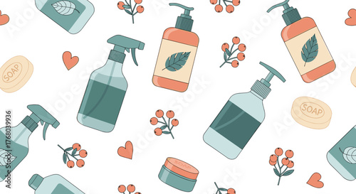 Seamless pattern: natural, eco-friendly home and personal care products. Features spray bottles, pump dispensers, bar soaps, cream jars, and botanical accents.