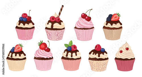 A delightful assortment of sweet cupcakes topped with fresh berries, creamy frosting, and chocolate drizzle, perfect for celebrations and treats.