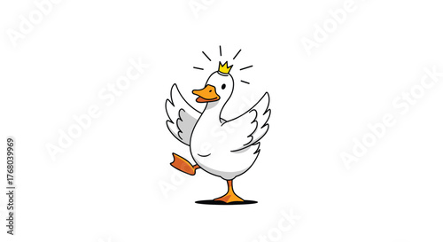 Joyful cartoon white duck character wearing a golden crown, celebrating with outstretched wings and a happy expression.